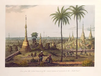 Szene von der oberen Terrasse der Großen Pagode in Rangoon, nach Südosten, gestochen von H. Pyall, veröffentlicht von Kingsbury und Co., 1826